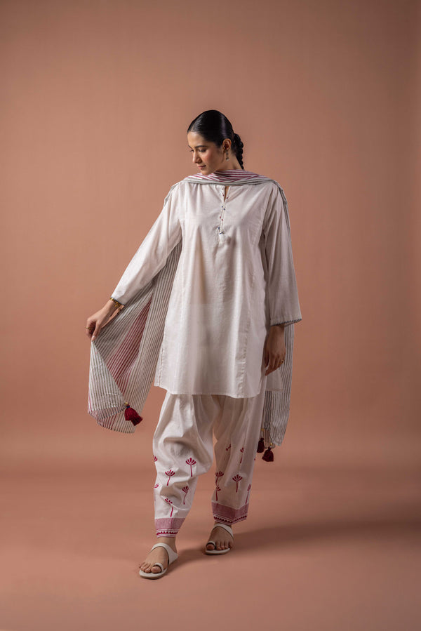 Block-Printed Tasseled 3-piece Suit