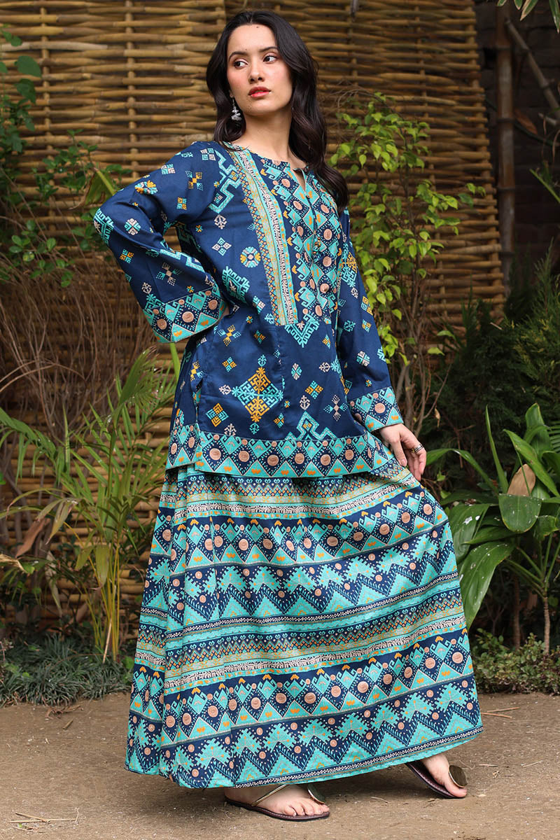 Printed Phulkari Skirt Set