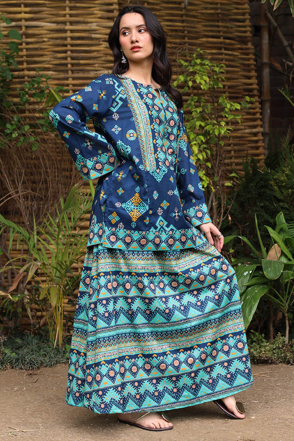 Printed Phulkari Skirt Set