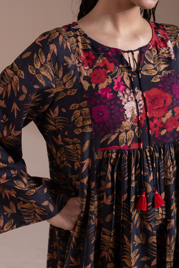 Vibrant Roses Flared Dress