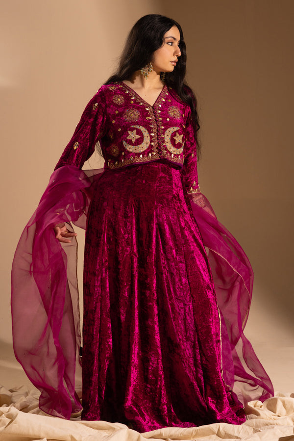 Chand Tara Velvet 3-Piece Lehnga Set